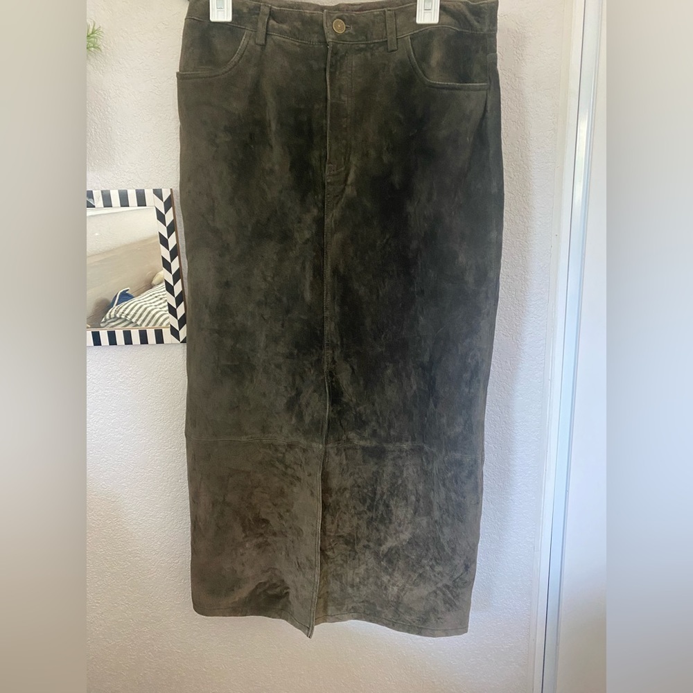 Olive green suede maxi skirt